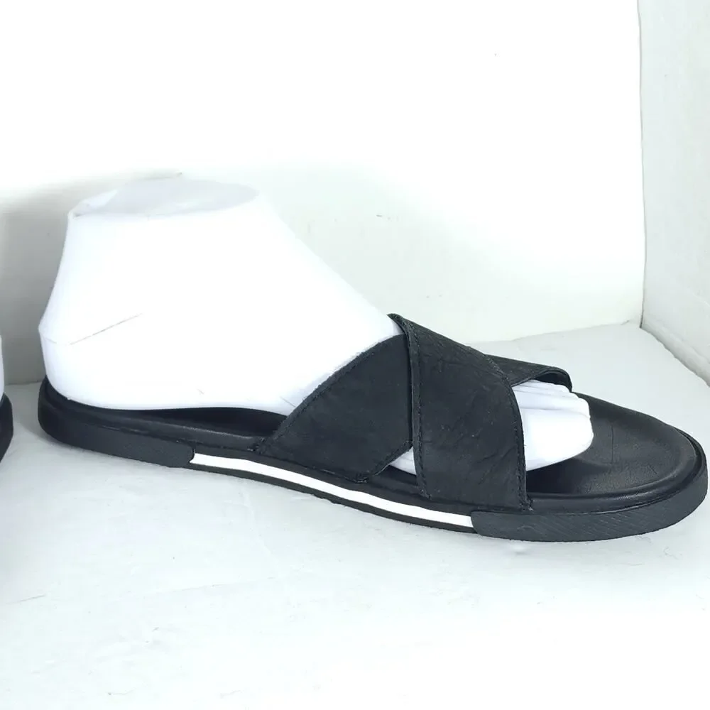 UGG Men's Brookside US 7 Black Leather Criss Cross Flat Slide Sandals Shoes